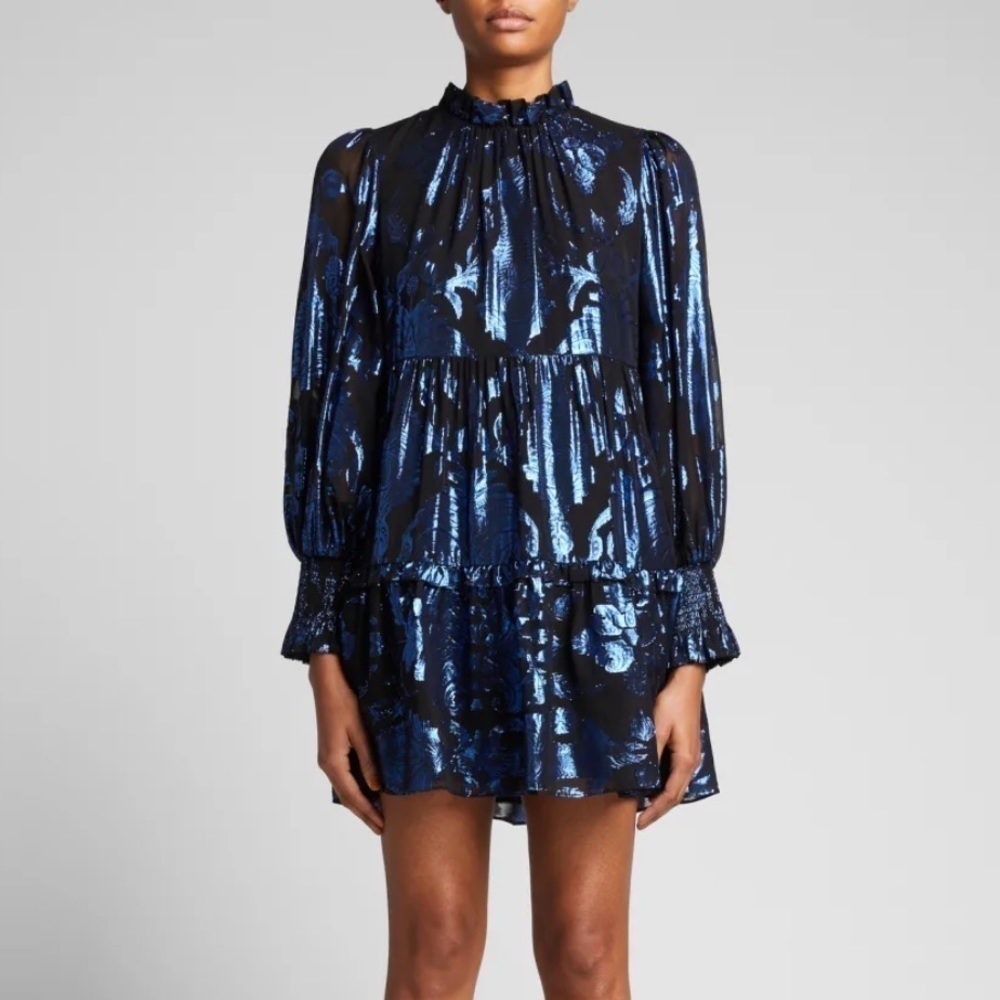Alice and Olivia- Black and Blue Metallic “Marela” Longsleeve Ruffle Mini Dress